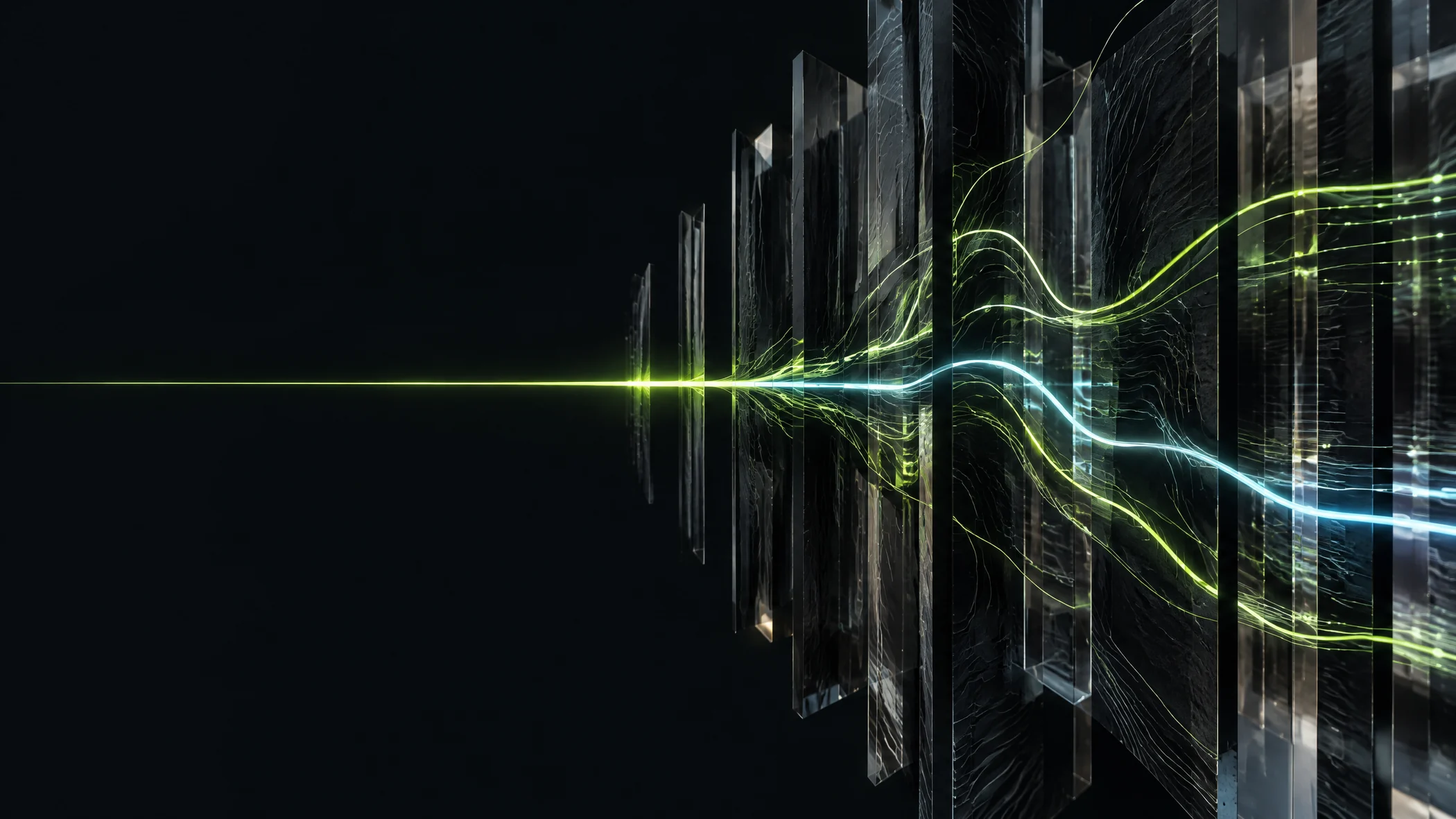 Abstract glass receiver layers crossed by a bright signal